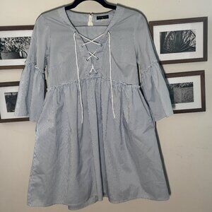 Striped Lace-Up Bell Sleeve Dress with Pockets